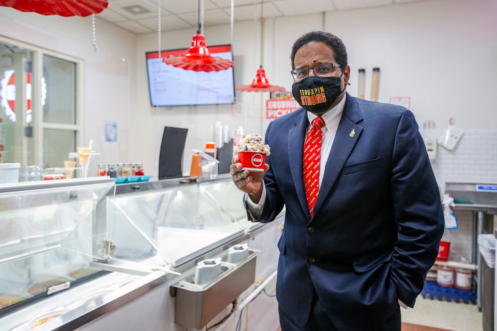 President Darryll J. Pines with ice cream from the Dairy